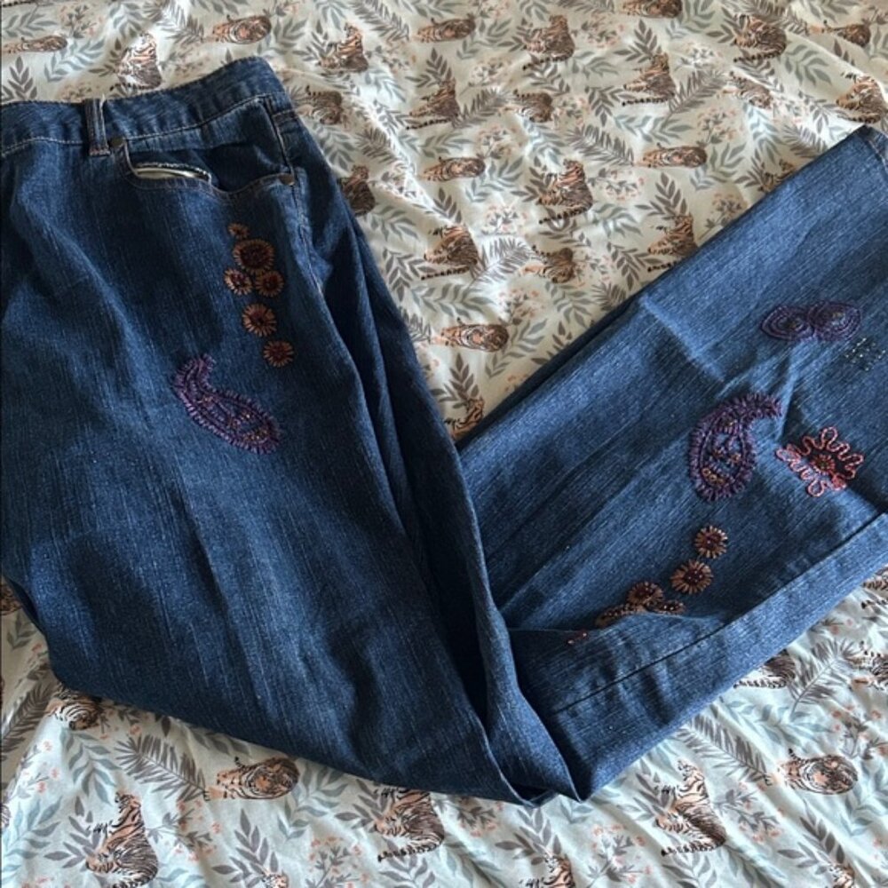 Hearts of Palm Embroidered Straight Leg Jeans - Blue and Purple - 16